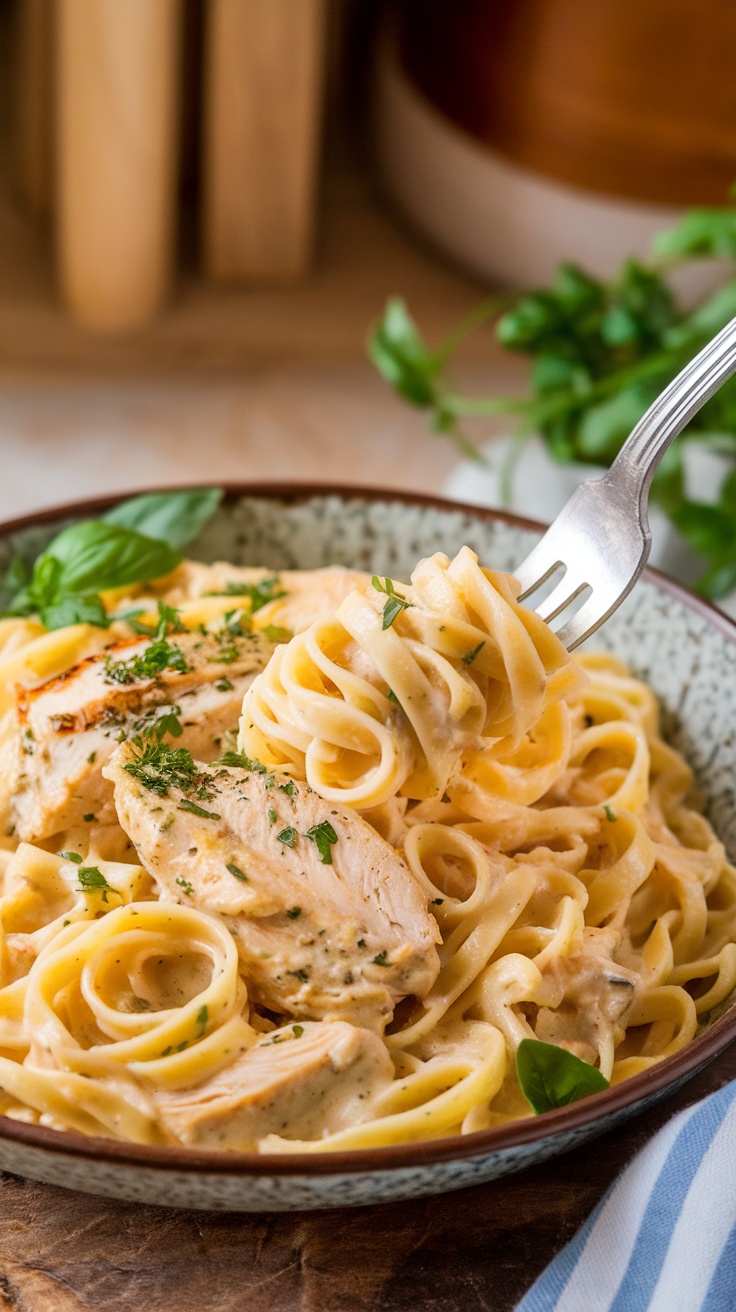 Creamy lemon garlic chicken pasta garnished with parsley and basil, served in a rustic bowl.